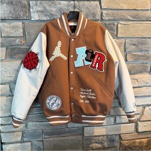 Jordan TRAVIS SCOTT  Brown & Cream Letterman Varsity Jacket with Patchwork